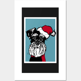 Miniature Schnauzer in Christmas Santa Hat and Red Woolly Scarf Linoprint Posters and Art